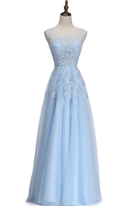 Fresh Light Blue Lace Evening Dress The Bride Banquet Scoop Sleeveless Lace Appliques Long Formal Party Gown