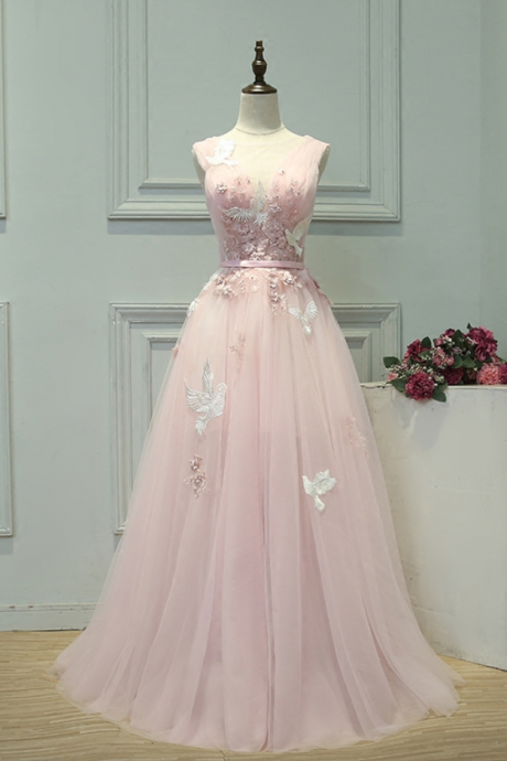 Long Evening Dress Sweet Pink Lace Appliques V-neck Prom Dresses The Bride Banquet Sexy Party Gown Robe De Soiree