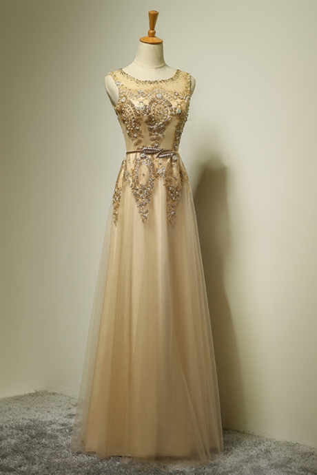 Luxury Gold Lace Beading Sleeveless Long Evening Dress Bride Banquet Elegant Party Prom Dress Custom Formal Dresses