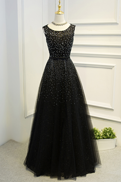 Luxury Beading Black Evening Dress The Bride Banquet Elegant Sleeveless Prom Dresses Long Party Gown