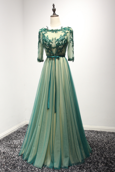 Evening Dress Delicate Lace With Beading Green Backless Half Sleeves Long Party Gown Prom Dresses