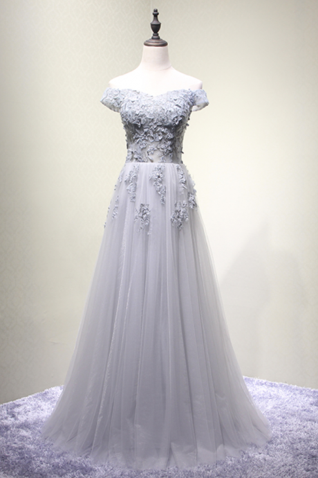 Elegant Grey Lace Evening Dress Bride Banquet Boat Neck Cap Sleeves Embroidery Long Prom Formal Dress Party Gown