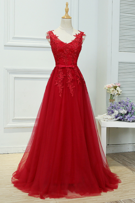 Wine Red Lace Evening Dress V Collar Sleeveless Embroidery Bride Banquet Elegant Formal Dresses Custom Party Gown