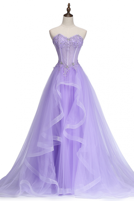 Sweet Banquet Light Purple Lace Long Evening Dress The Bride Elegant Strapless A-line Prom Formal Party Gown