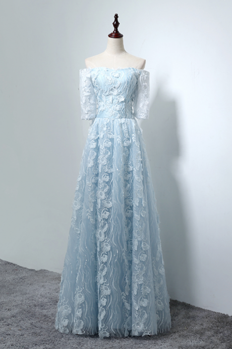 Evening Dress Sweet Light Blue Lace Flower Floor-length Long Prom Dresses The Bride Elegant Party Formal Own