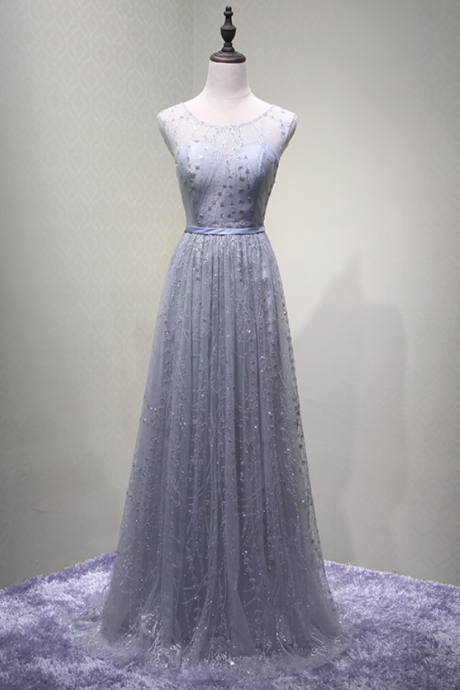Banquet Elegant Evening Dress The Bride Grey Lace Embroidery Floor-length Sleeveless Formal Dress Party Gown