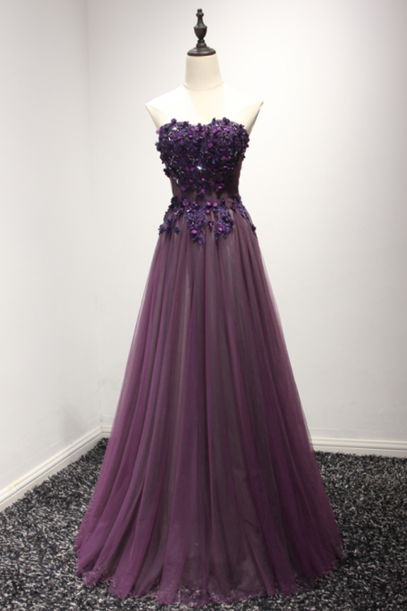 Lace Purple Evening Dress Sexy Strapless Sleeveless Embroidery Floor-length Party Gown Custom Formal Dresses