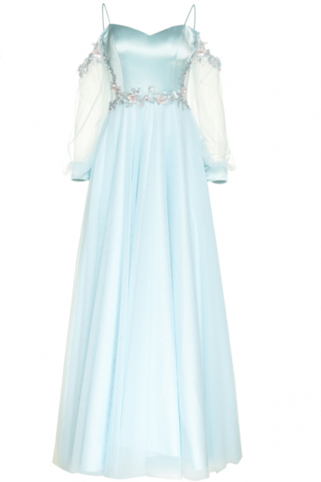 Sweet Blue Satin Tulle Long Evening Dress The Bride Banquet Flower Beading Long Sleeved Prom Formal Party Gowns