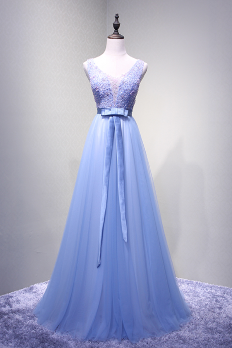 Evening Dress V-neck Blue Beading Sexy Floor-length Party Formal Dress Bride Banquet Long Prom Dresses Robe De Soiree