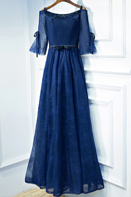 Evening Dress Navy Blue Lace Half Sleeves Long Elegant Formal Dresses The Bride Banquet Elegant Party Gown Vestidos