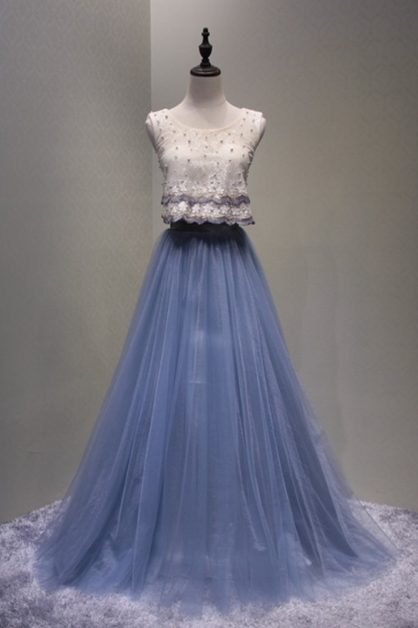 The Bride Banquet Elegant Long Evening Dress Blue Lace Beading A-line Sleeveless Floor-length Prom Party Formal Gown