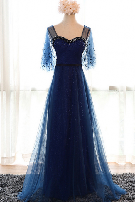 Long Evening Dress Bride Banquet Navy Blue Sweetheart Short Sleeve Floor-length Party Formal Gown Robe De Soiree