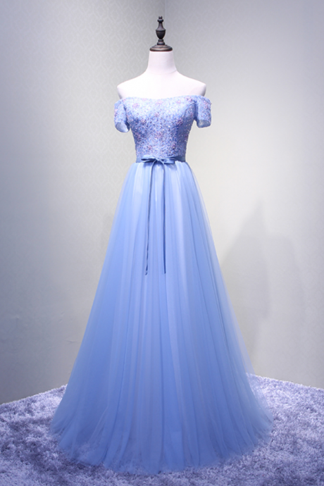 Luxury Light Blue Long Evening Dress Bride Boat Neck Floor-length Lace Beading Party Gown Custom Prom Dress