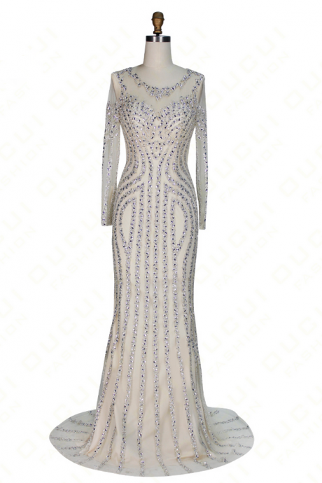 Real Photos Tulle Mermaid Long Evening Dress Long Sleeves Luxury Handmade Crystal Diamond New