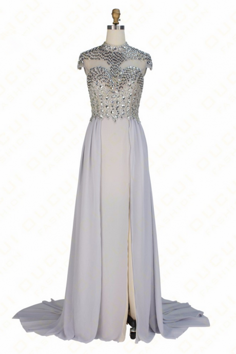 Real Photos Chiffon Gary Color Crystal High Neck Prom Gown Formal Long Evening Dress