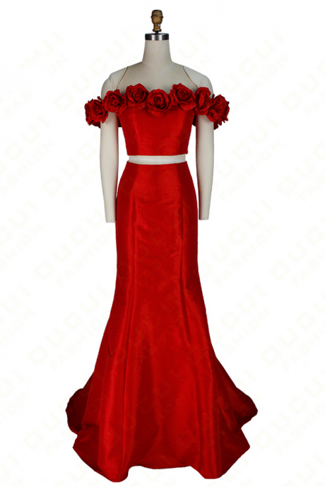 Real Photos Party Occasion Flower 2 Piece Red Dress Taffeta New Boat Neck Long Evening dress