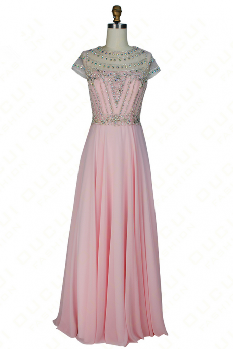 Real Photos Beading Hand Made Cap Sleeve Formal Illusion Long Evening Dress A Line Party Dress