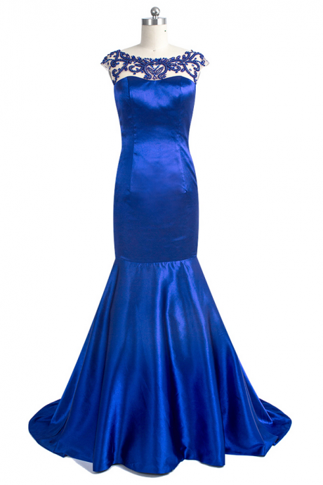 Sexy Backless Evening Dress Scoop Neckline Cap Sleeve Royal Blue Party Dresses Mermaid Cut Dress