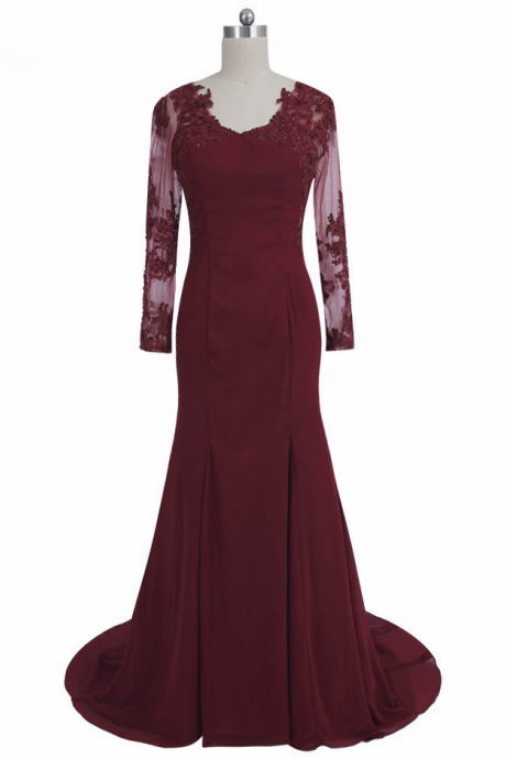 Elegant Burgundy Mermaid Evening Dresses Lace Long Sleeve Evening Gown Long Prom Gowns