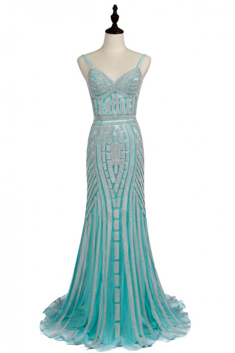 Spaghetti Strap Crystal Beaded Mermaid Long Prom Dress, Evening Dress