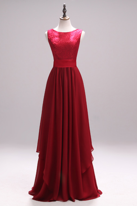 Sleeveless Lace Chiffon A-line Long Prom Dress, Evening Dress Featuring V-back