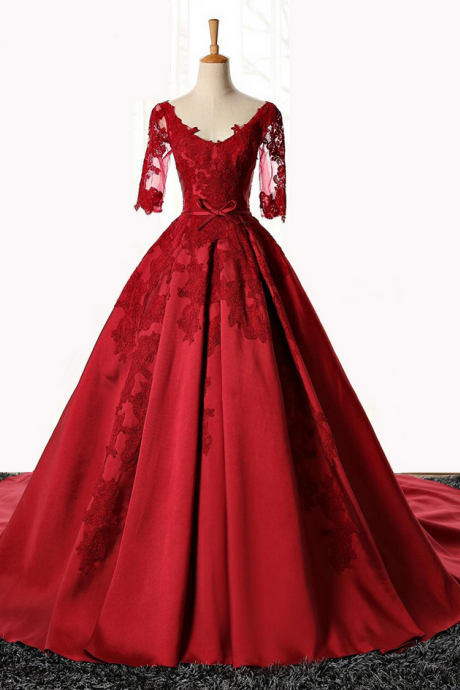Elegant A-line Real Photos Half Sleeve Red Evening Dresses Lace Appliques Evening Gown Chapel Train Vestido De Noite