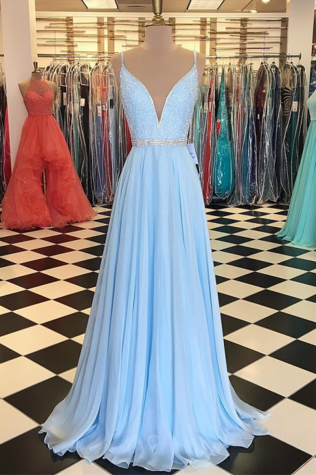 baby blue prom dress,chiffon prom dress, long evening gowns,beading dress,sexy prom dresses
