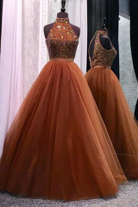 High Neck Open Back Coffee Tulle Ball Gowns Prom Dresses Crystal Beaded Glitter Gown