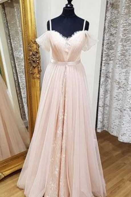 Cute A-line Off-shoulder Pink Tulle Long Prom/evening Dress With Lace