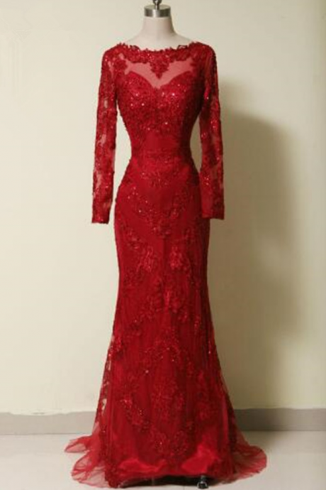 Exquisite Real Photo Mermaid Evening Dresses Celebrity Lace Applique Sequin Beaded Red Long Sleeve Sweep Train Bridal