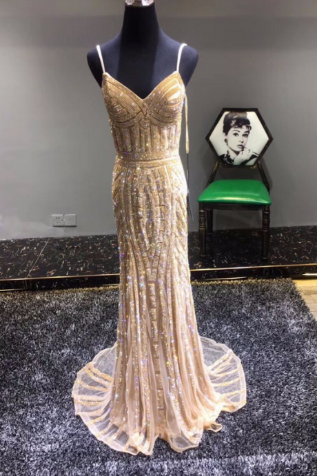 Robe De Soiree Diamond Evening Party Dress Real Photos Nude Color Tulle champagne gold Party Occasion Formal Long Evening Dress