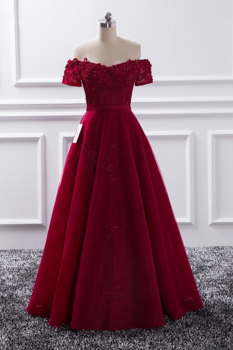 Off-the-shoulder A-line Floor-length Prom Dress, Evening Dress Featuring Lace-up Back And Lace Appliqués