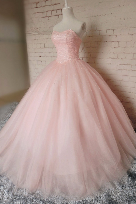 pink tulle long prom dresses ball gowns new design hot sexy custom sweetheart beading evening dress