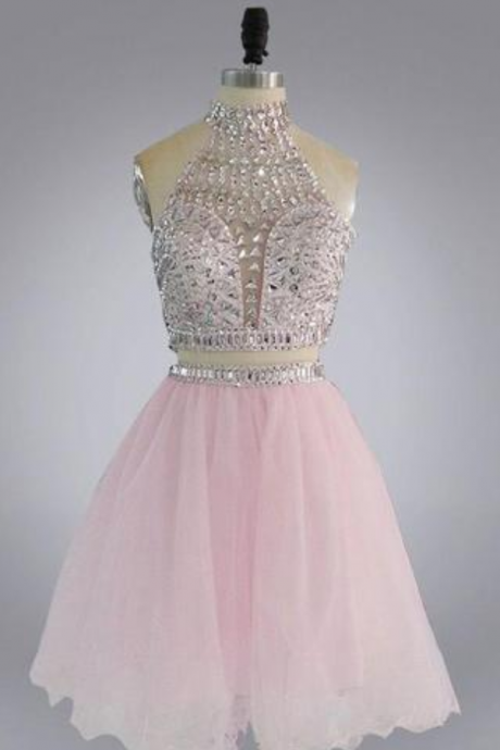 Halter High Neck Beaded Bodice Two Piece Fall Gary Tulle Open Back Homecoming Dress