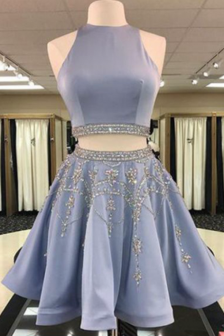 Cute Two Piece Beading Sexy Short Open Back Halter Satin Homecoming Dress