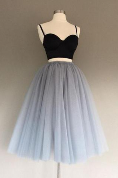 Two Pieces Black And Silver Short Tulle Sweetheart Spaghetti Strap Homecoming Dress
