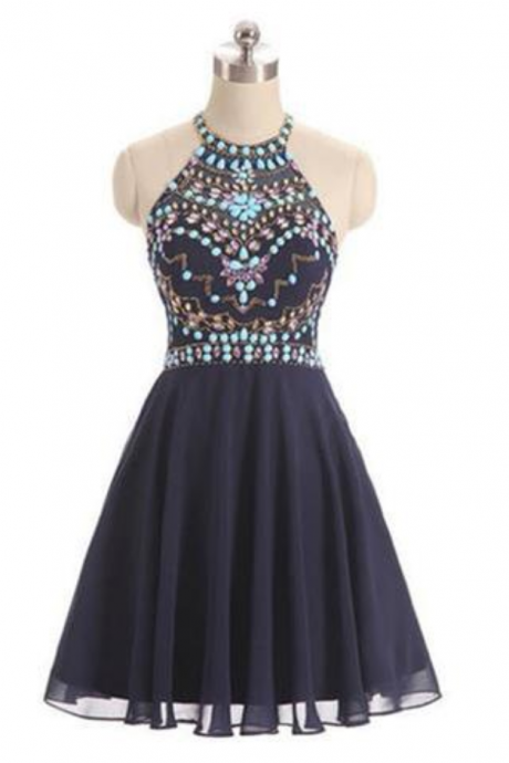 Dark Blue Beads Short Cute Halter Sweet 16 Cocktail Dress Homecoming Dress