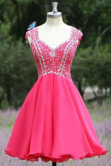 Open Back Pink Short V-neck Beading Satin Sleeveless Cute Homecoming Dresses