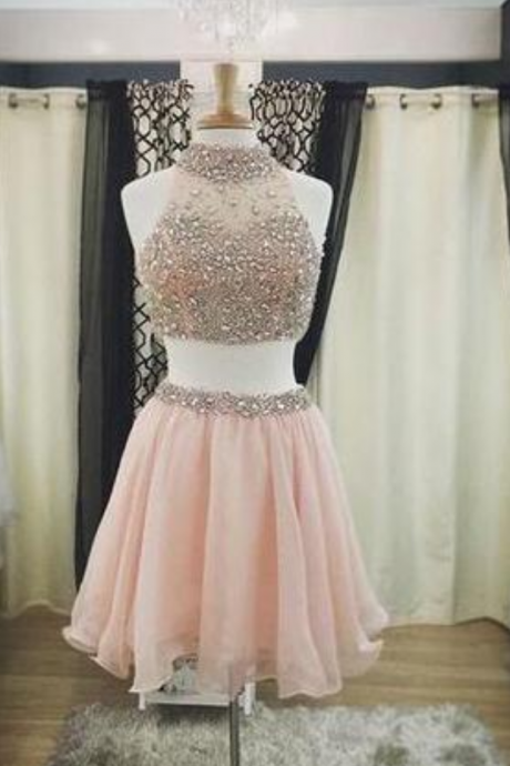 Two Pieces Halter Cute Mini Blush Pink Sexy Short Homecoming Dresses