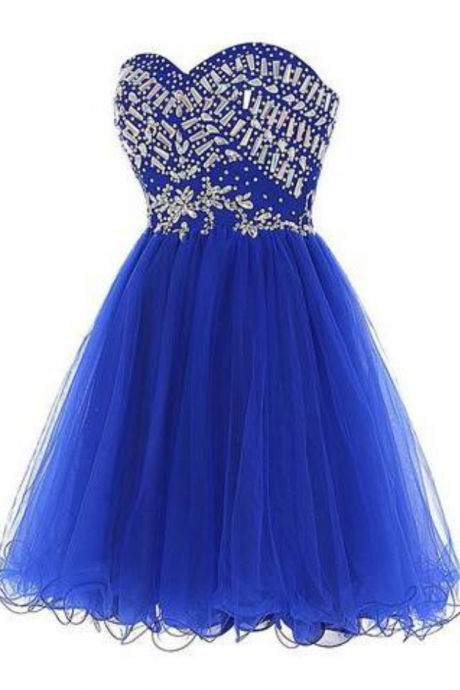 Blue Sweetheart Cute A-line Tulle Beading Short Mini Homecoming Dresses