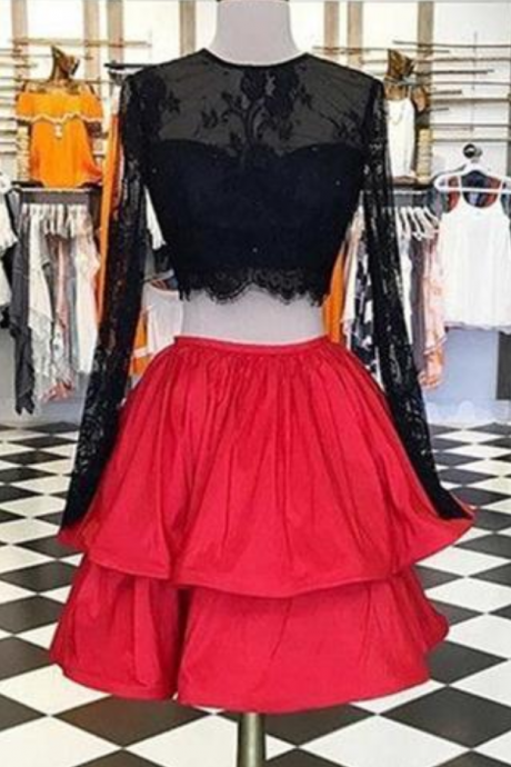 Beautiful Red Satins Black Lace Long Sleeves Two Pieces Short Homecoming Dress,casual Dresses