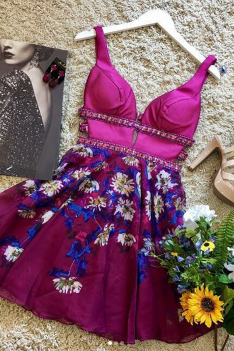 Ball Gown Fuchsia V Neck Floral Homecoming Dresses