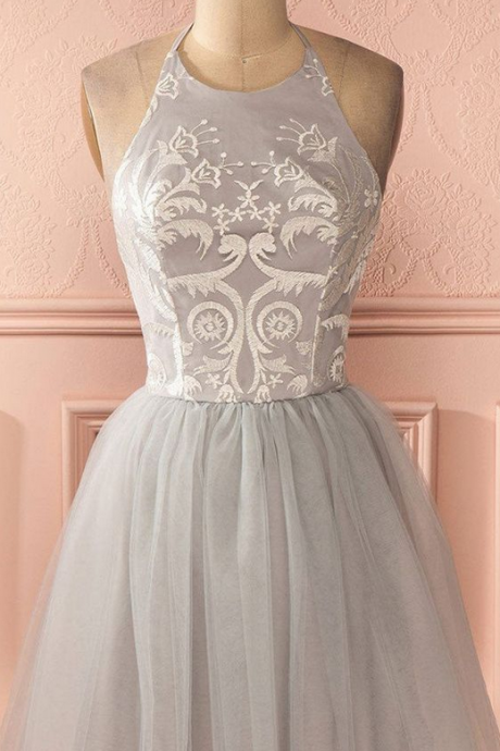 Homecoming Dress Halter Backless Silver Lace Short Prom Dress Party Dress