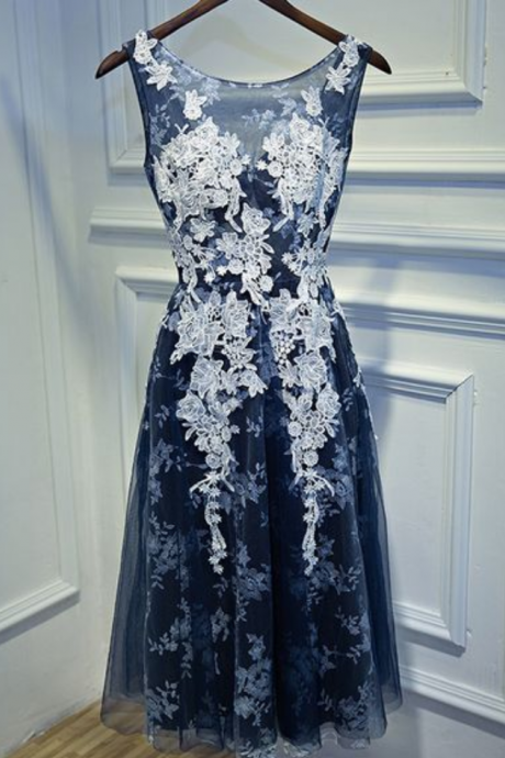 Navy Blue Short Prom Dresses Cash On Delivery Backless Appliques Tea Length Party Gowns Formal Prom Dress