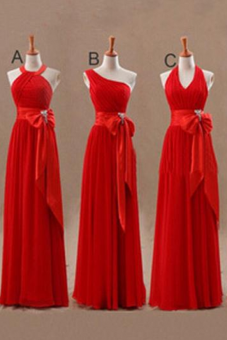Mismatched Junior Chiffon Red Long A Line Formal Cheap Maxi Bridesmaid Dresses with Bow