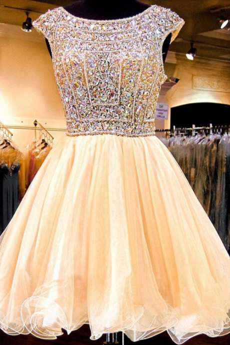 Open Back Prom Dress, Tulle Prom Dresses, Yellow Homecoming Dress, Princess Homecoming Dresses, Beaded Cocktail Dress