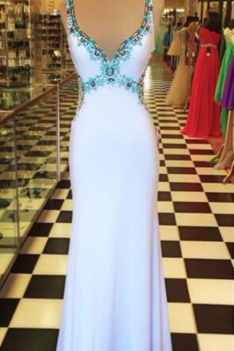 V-neck Turquoise Beaded White Prom Dress,long Formal Dress