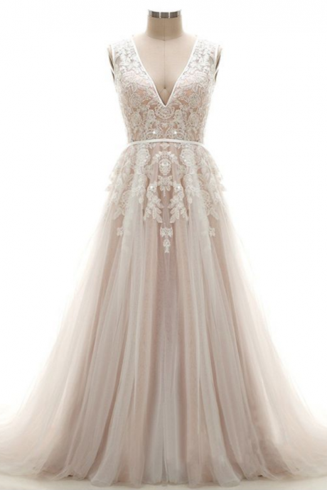 Elegant A-line Wedding Dress - V-neck Chapel Train Pink Tulle Appliques Sequins Sleeveless Backless Zipper-up