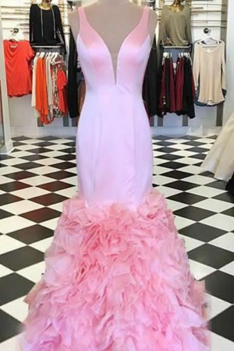 Stunning Mermaid Pink Prom Dress - Deep V-neck Sleeveless Tiered
