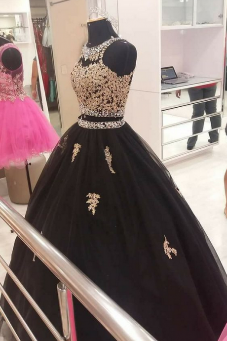 Charming Two Pieces Prom Dresses,ball Gowns,waist With Beadings,floor Length Evening Dresses